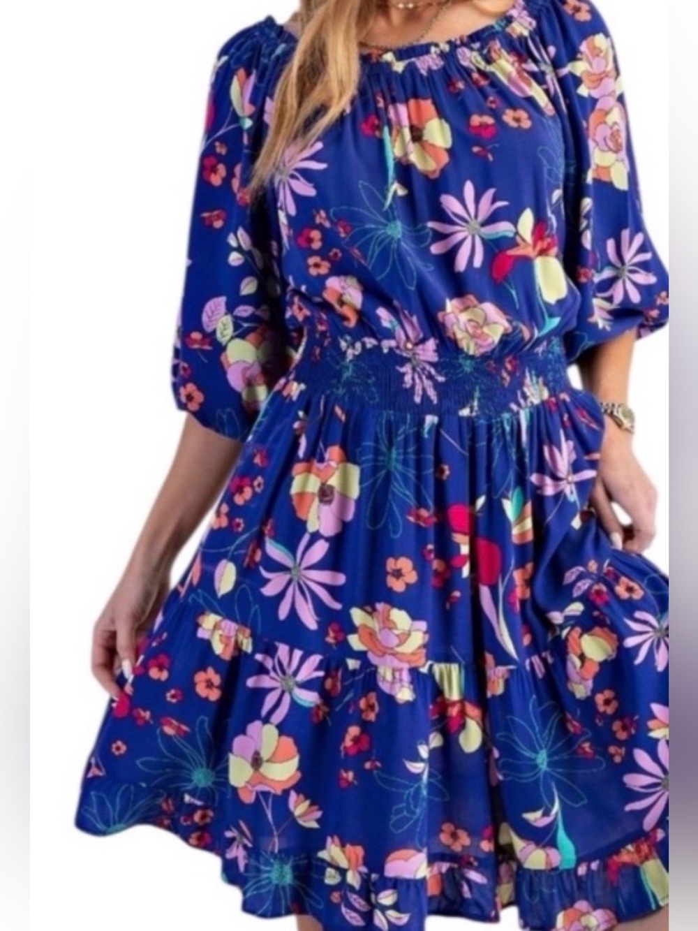 Easel Blue Floral Smocked-Waist Mini Dress Medium